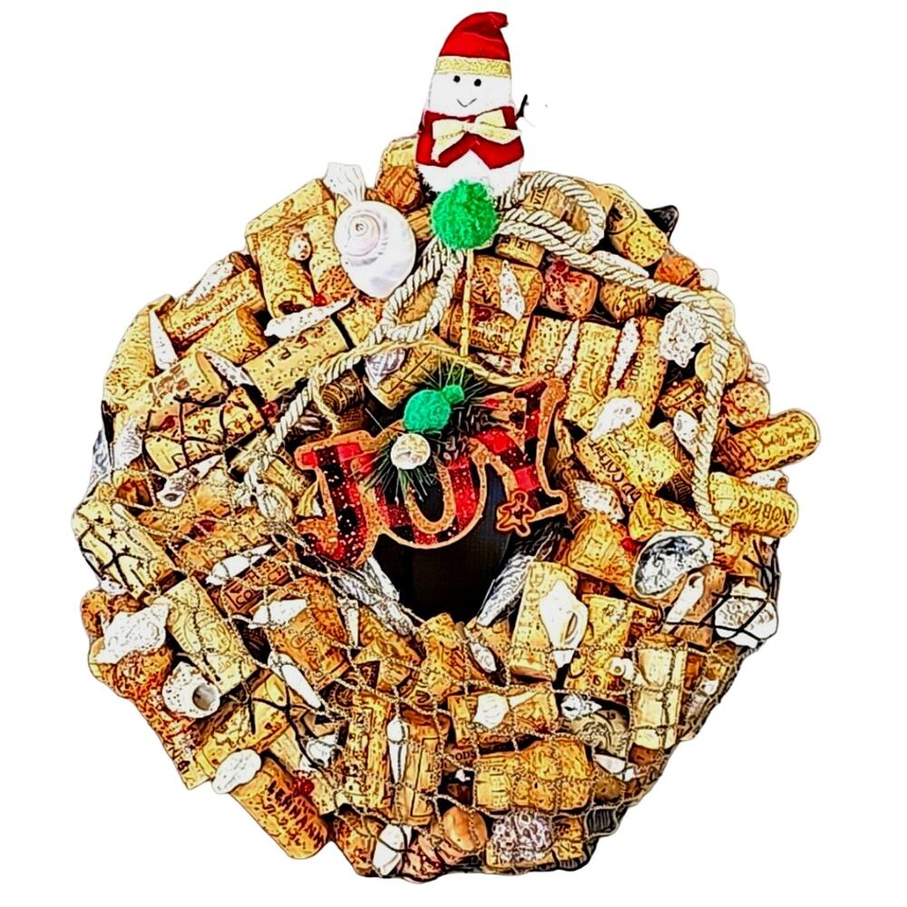 Christmas Wreath Made From Wine Corks Seashells Glitter Snowman Joy 13" Diameter